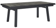 Großer, ausziehbarer Gartentisch mit dunkler Holzoptik und stabilen, schwarzen Metallbeinen, seitliche Perspektive