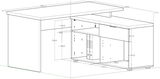 Eckschreibtisch in perspektivischer Ansicht mit Maßen, zeigt Stauraum und Arbeitsfläche.