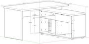 Eckschreibtisch in perspektivischer Ansicht mit Maßen, zeigt Stauraum und Arbeitsfläche.