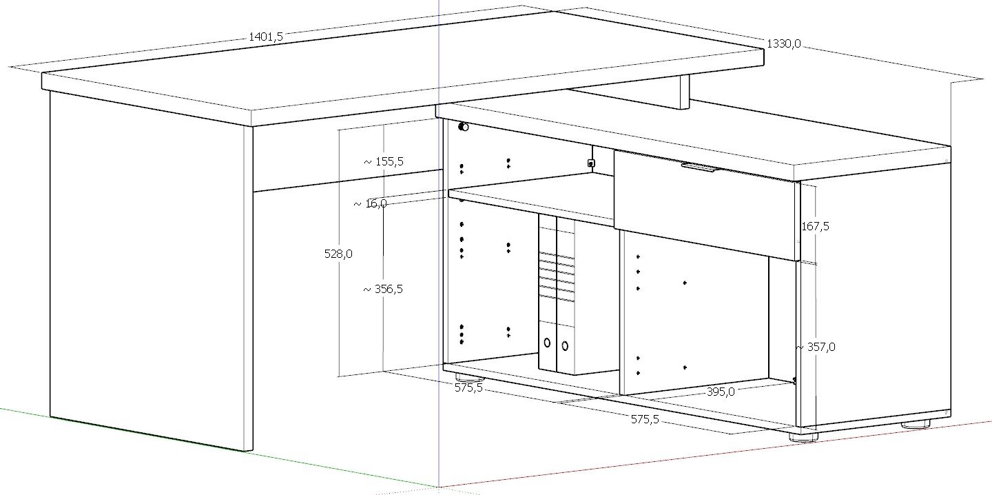 Eckschreibtisch in perspektivischer Ansicht mit Maßen, zeigt Stauraum und Arbeitsfläche.