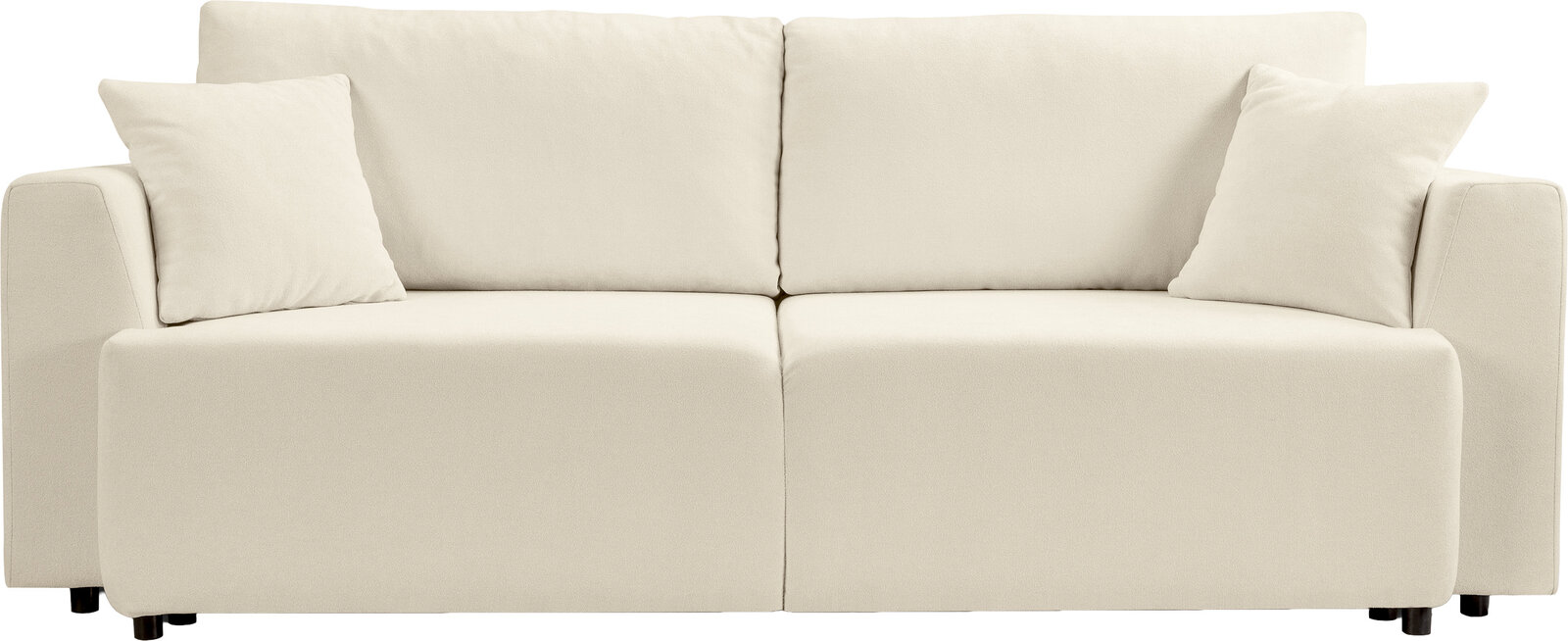 Beiges 2-Sitzer-Sofa mit zwei Rückenkissen und zwei Zierkissen, gepolsterte Armlehnen, Frontansicht vor weißem Hintergrund