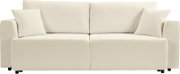Beiges 2-Sitzer-Sofa mit zwei Rückenkissen und zwei Zierkissen, gepolsterte Armlehnen, Frontansicht vor weißem Hintergrund