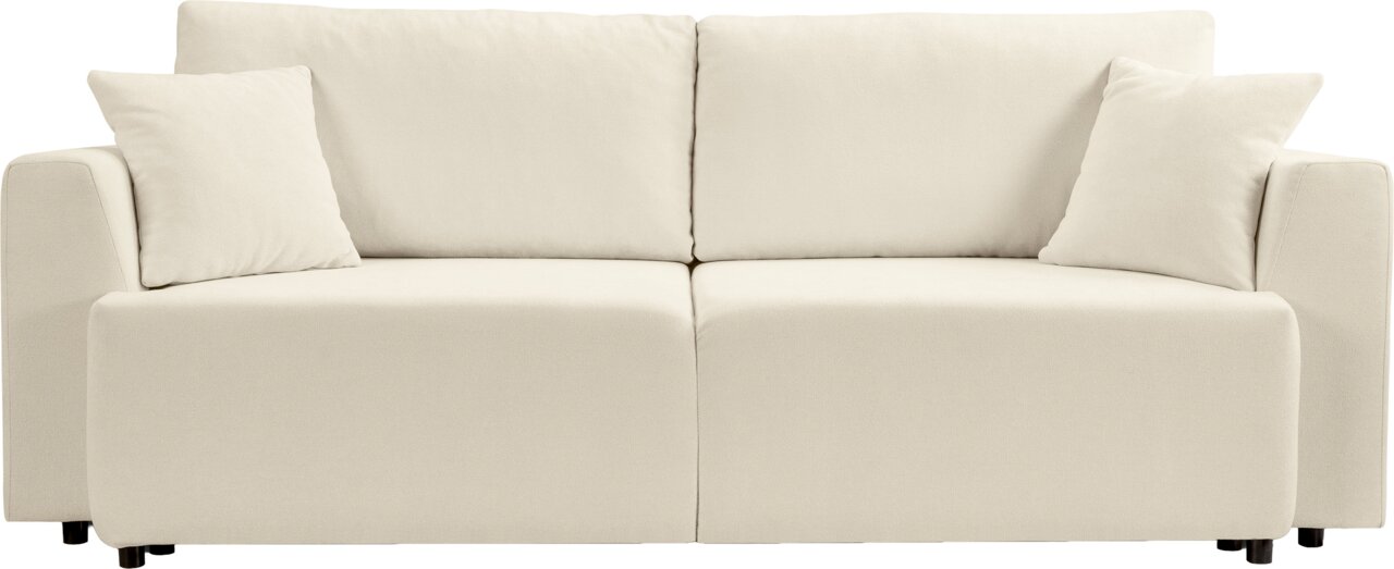Beiges 2-Sitzer-Sofa mit zwei Rückenkissen und zwei Zierkissen, gepolsterte Armlehnen, Frontansicht vor weißem Hintergrund