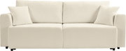Beiges 2-Sitzer-Sofa mit zwei Rückenkissen und zwei Zierkissen, gepolsterte Armlehnen, Frontansicht vor weißem Hintergrund