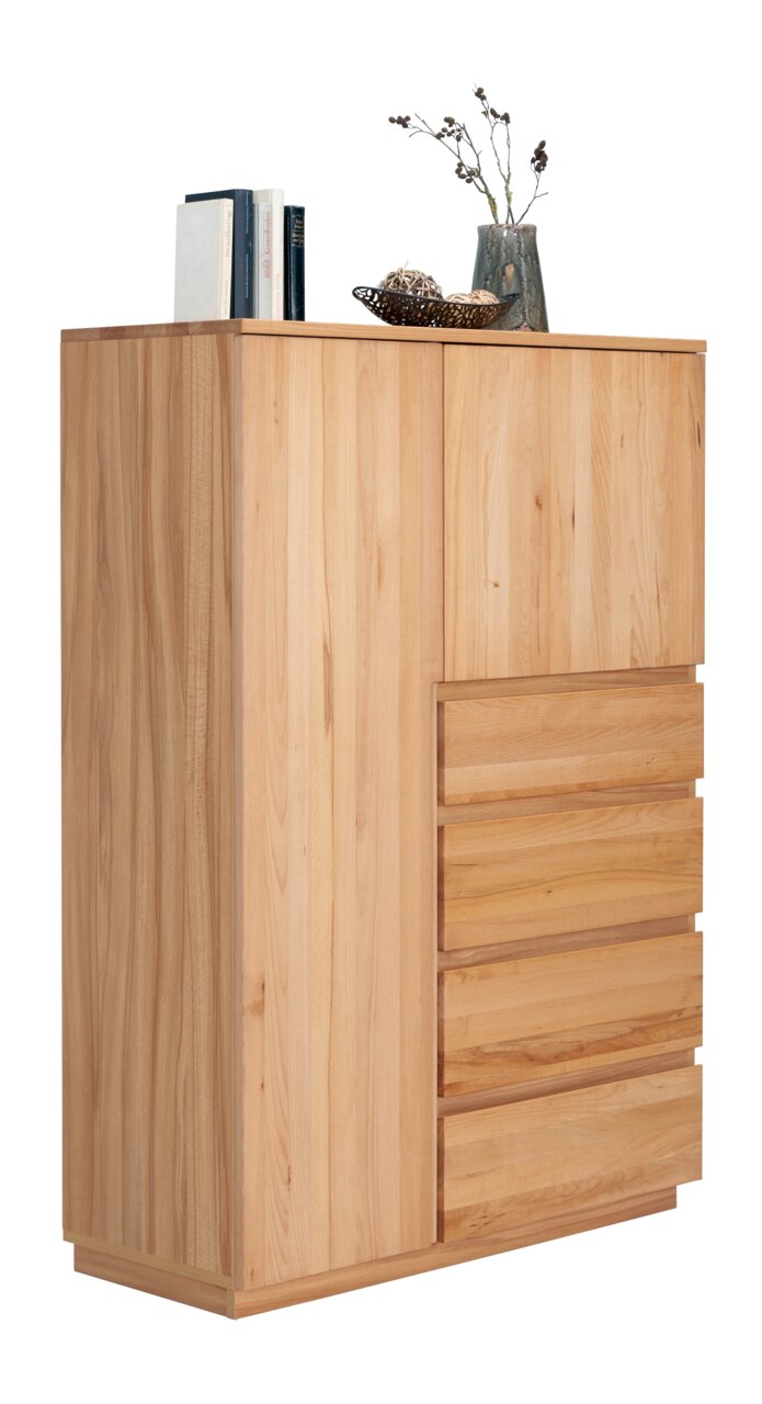 Linea Natura Hoog dressoir LINEA Hochwertiges Highboard aus hellem Holz mit mehreren Schubladen und dekorativen Elementen auf der Oberseite, seitliche Perspektive.