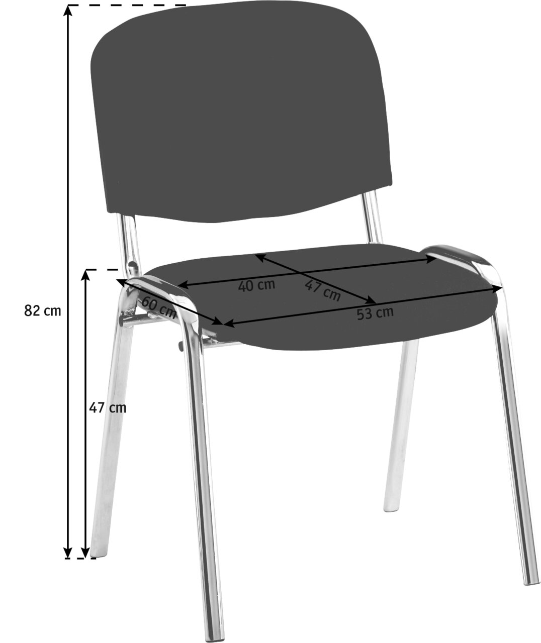 Besucherstuhl mit schwarzem Sitz und Rückenlehne, verchromtem Gestell, seitliche Perspektive