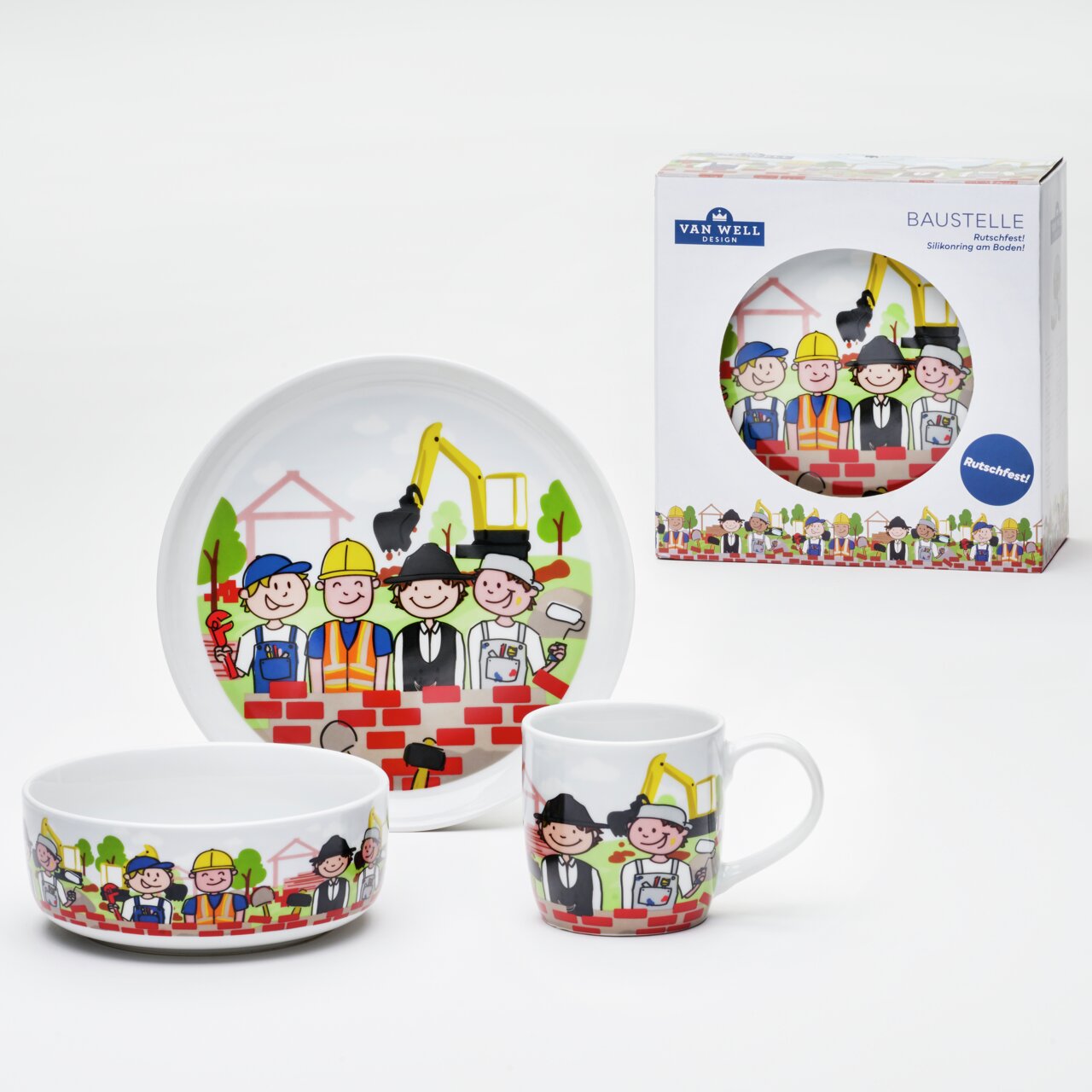 Kinder-Set Baustelle 3-tlg. mit Teller, Schale und Tasse, illustriert mit fröhlichen Bauarbeitern und Bagger, Vorderansicht.