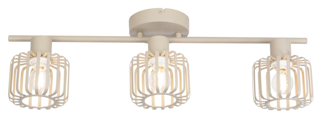 Dreifacher Deckenstrahler mit modernen, cremefarbenen Gitterlampenschirmen, seitliche Perspektive