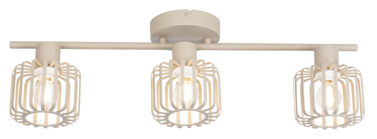 Dreifacher Deckenstrahler mit modernen, cremefarbenen Gitterlampenschirmen, seitliche Perspektive