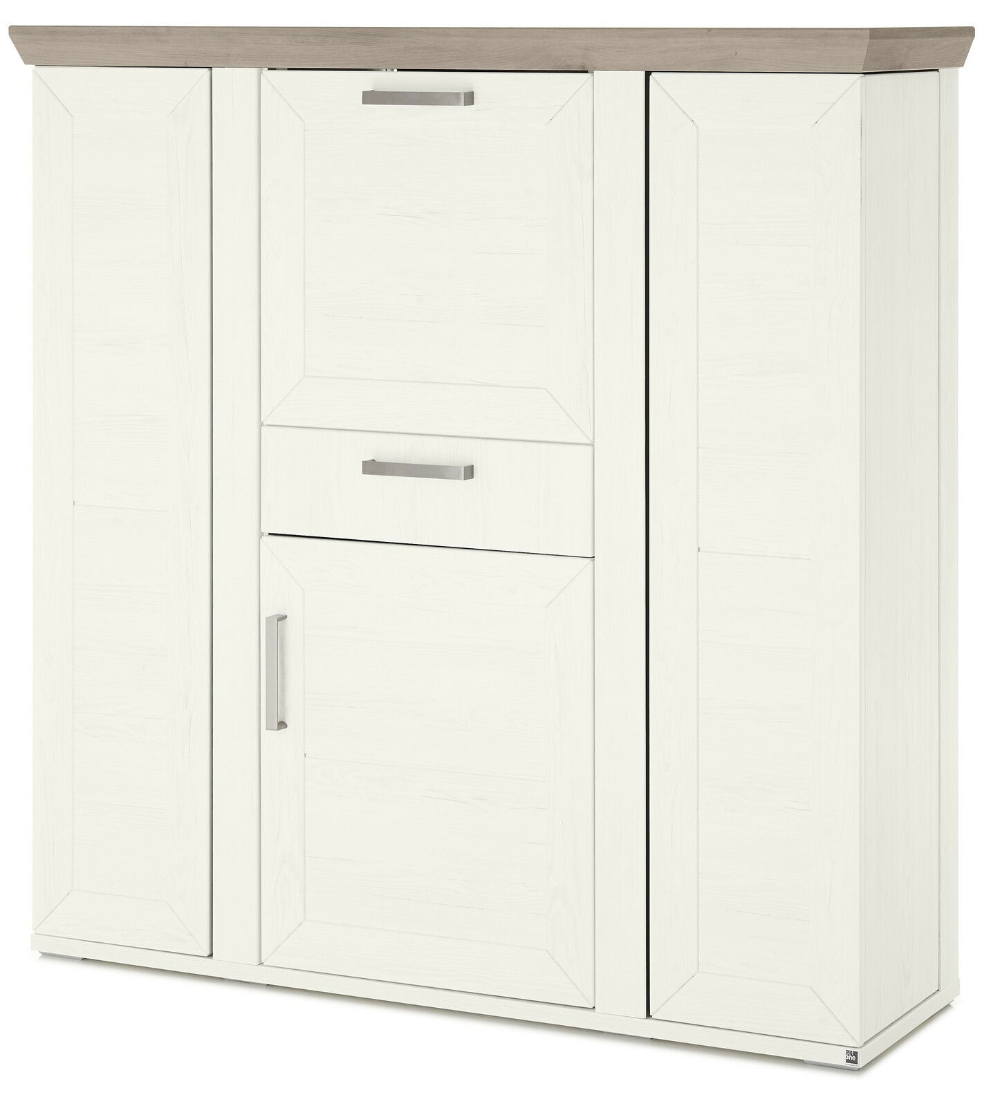 Weißes Highboard mit Karussell, Frontansicht, moderne Griffe, Holzoptik