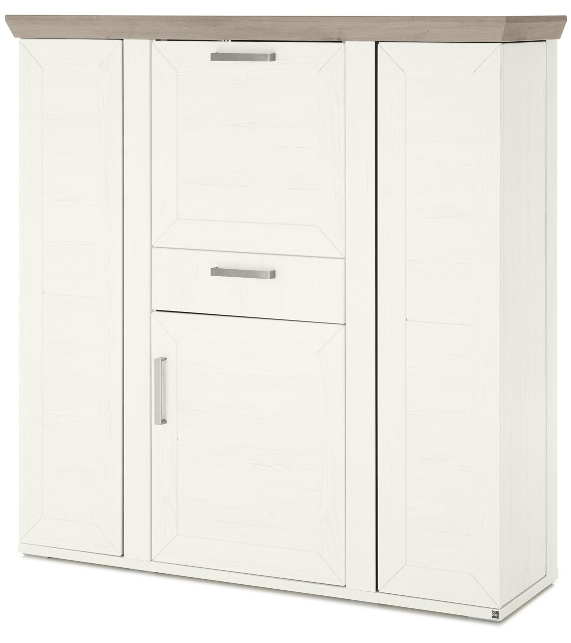 Weißes Highboard mit Karussell, Frontansicht, moderne Griffe, Holzoptik