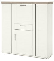 Weißes Highboard mit Karussell, Frontansicht, moderne Griffe, Holzoptik