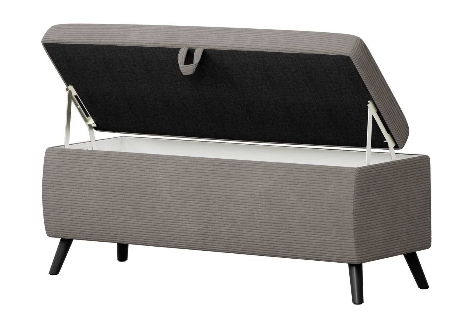 Graue Bettbank mit aufklappbarem Deckel, seitliche Perspektive