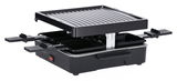 Raclette-Grill mit vier Pfännchen und gerippter Grillplatte, seitliche Perspektive