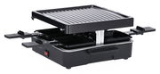 Raclette-Grill mit vier Pfännchen und gerippter Grillplatte, seitliche Perspektive