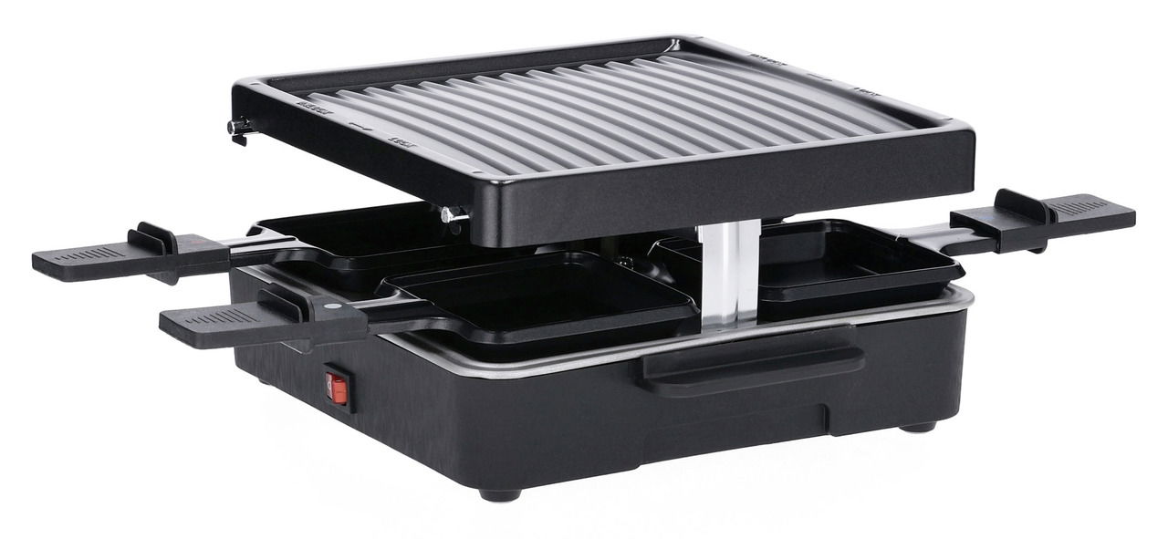 Raclette-Grill mit vier Pfännchen und gerippter Grillplatte, seitliche Perspektive