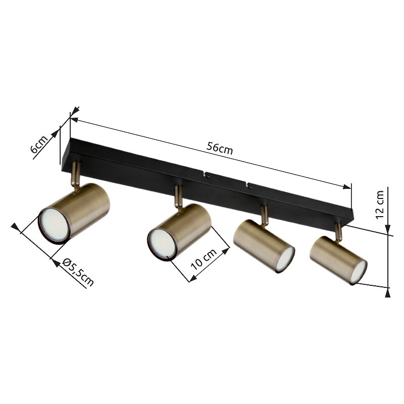 Deckenstrahler in Altmessing mit vier verstellbaren Spots, seitliche Perspektive.