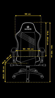 Frontansicht des HIVAR Gaming Stuhls SKYLAR mit verstellbaren Armlehnen und ergonomischem Design, Maße in Zentimetern angegeben.