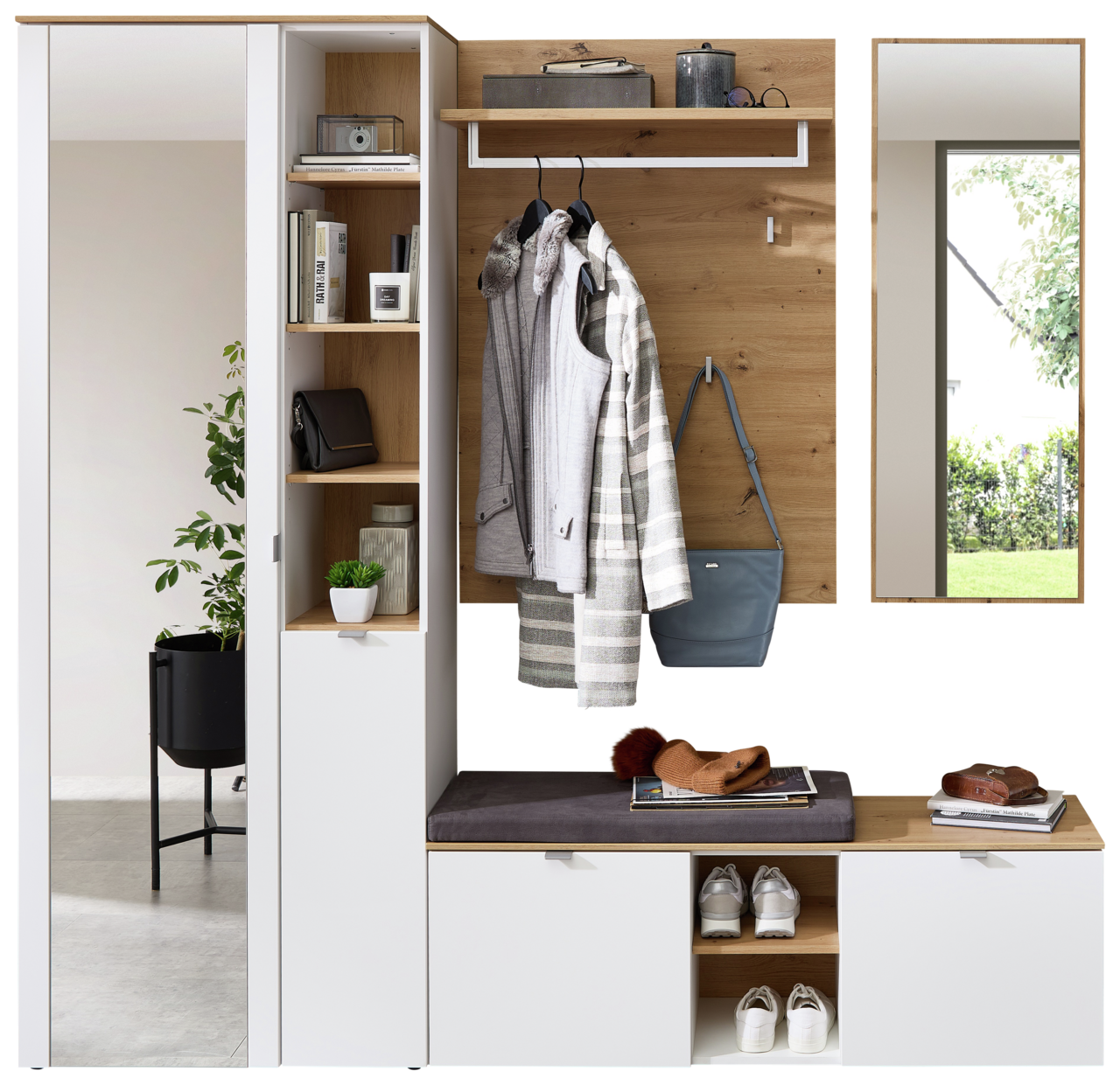Garderoben-Set in moderner Perspektive mit Spiegel, Regalen, Kleiderhaken und Sitzbank, kombiniert in Weiß und Holzoptik.