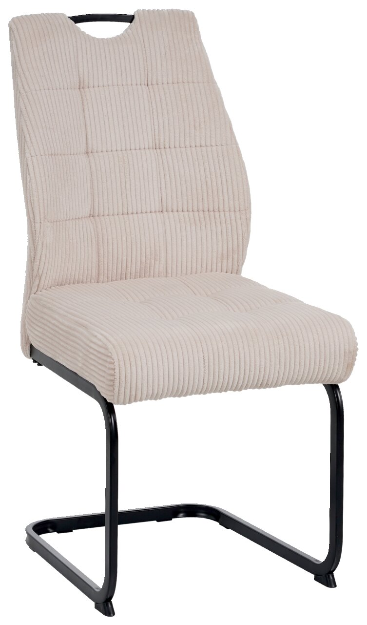 Schwingstuhl GREGORIO in beige mit gestepptem Stoffbezug und schwarzem Metallgestell, seitliche Perspektive