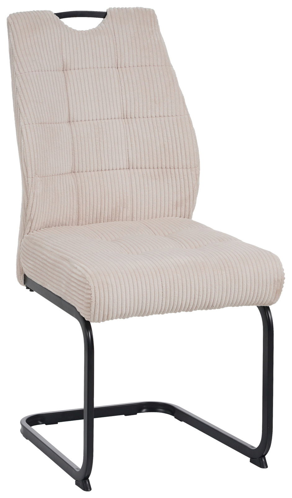 Schwingstuhl GREGORIO in beige mit gestepptem Stoffbezug und schwarzem Metallgestell, seitliche Perspektive