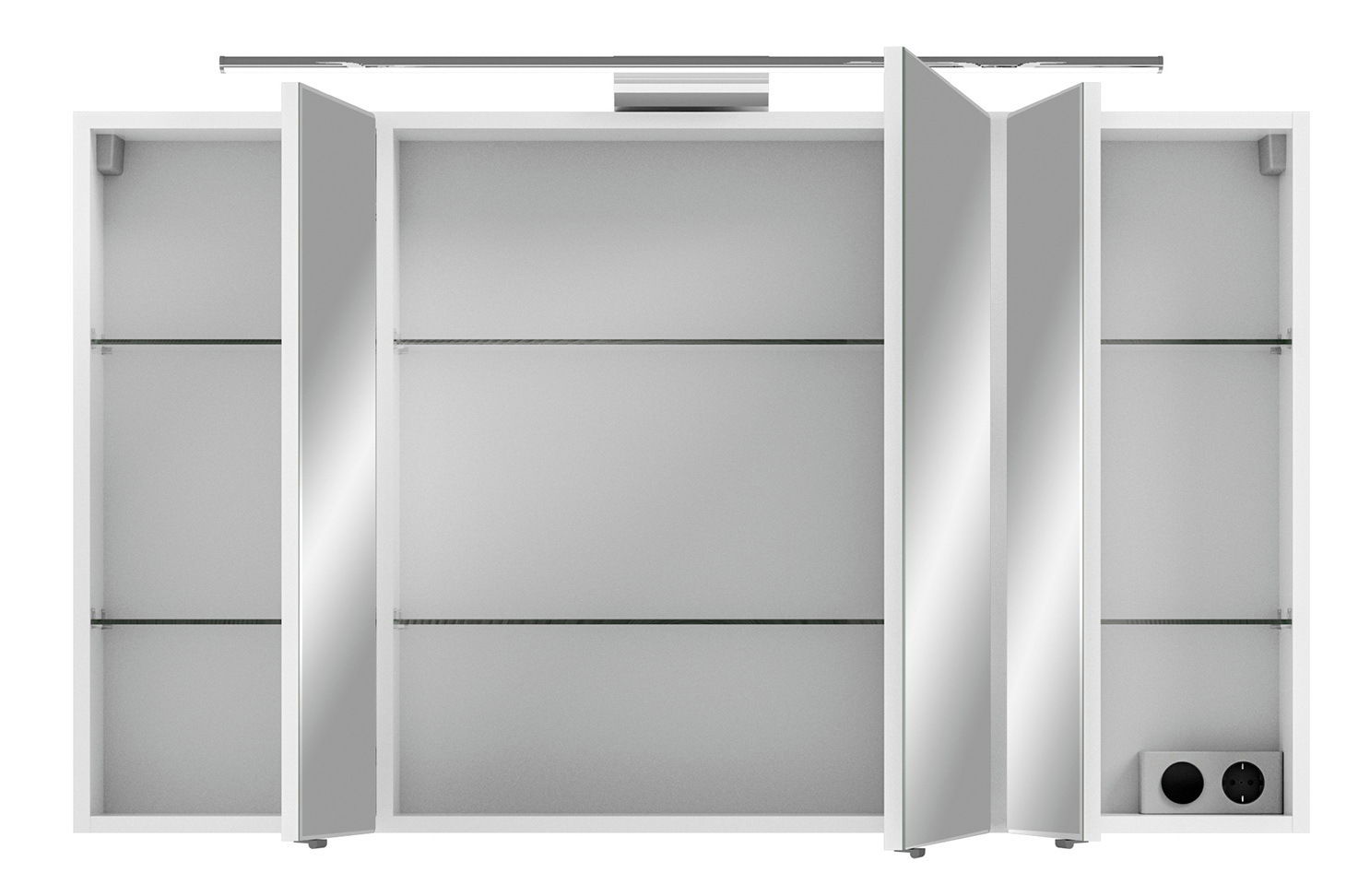 Spiegelschrank mit drei Türen, teilweise geöffnet, mit Glasböden und integrierter Beleuchtung, Frontalansicht