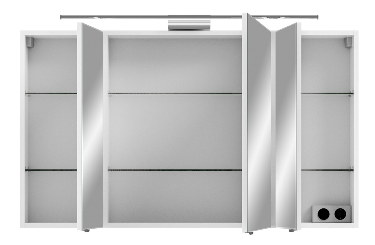 Spiegelschrank mit drei Türen, teilweise geöffnet, mit Glasböden und integrierter Beleuchtung, Frontalansicht