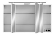 Spiegelschrank mit drei Türen, teilweise geöffnet, mit Glasböden und integrierter Beleuchtung, Frontalansicht