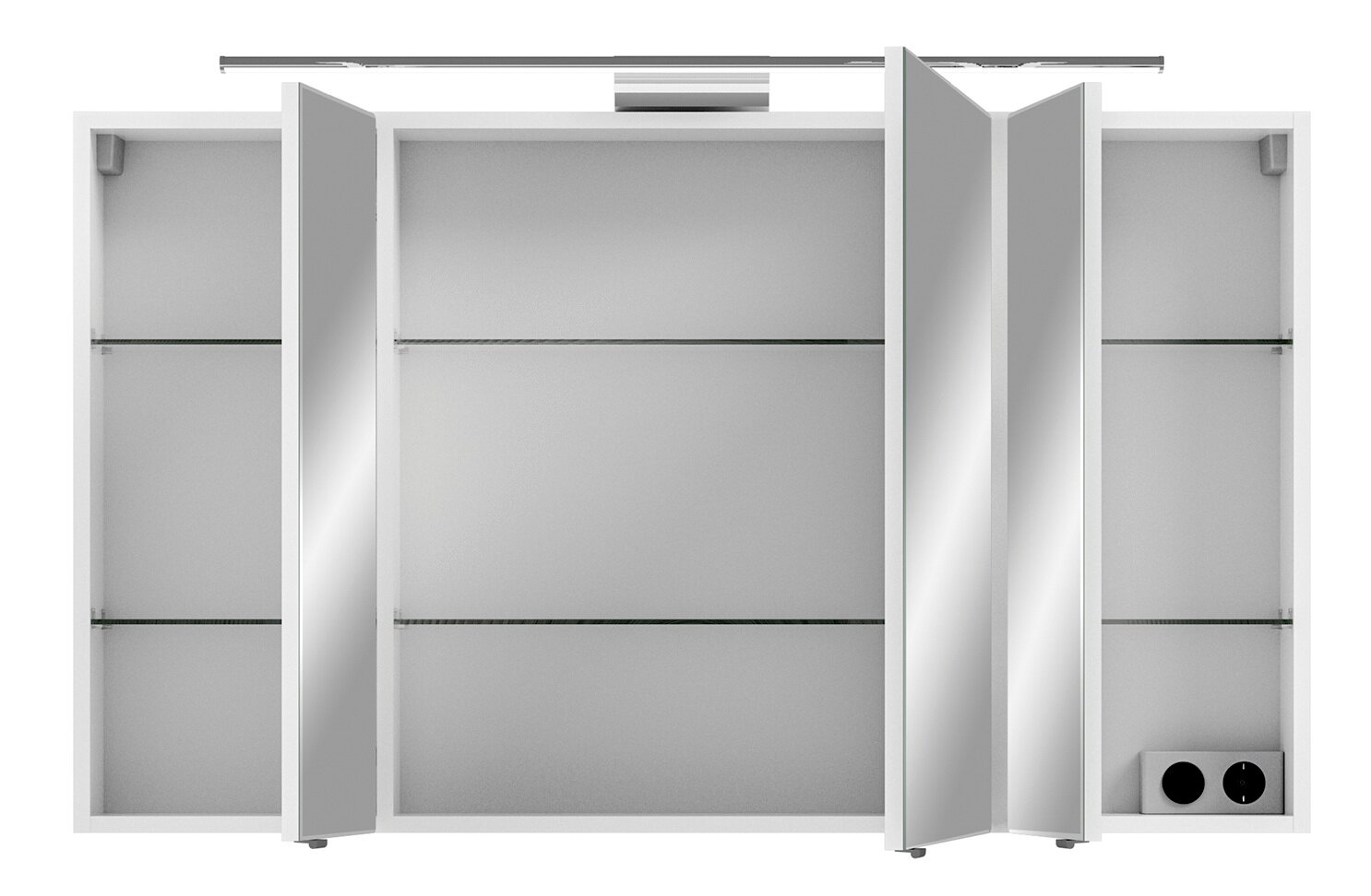 Spiegelschrank mit drei Türen, teilweise geöffnet, mit Glasböden und integrierter Beleuchtung, Frontalansicht