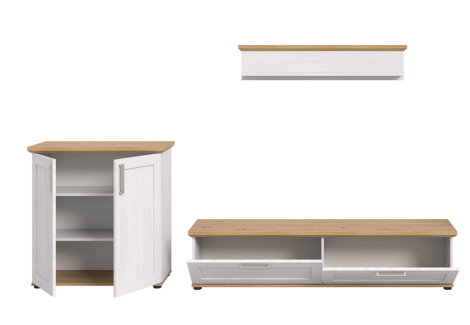 Wohnkombination mit weißem Korpus und Holzoberfläche, bestehend aus einem Schrank mit offenen Türen, einem TV-Board mit offenen Fächern und einer Wandregal, frontal betrachtet.