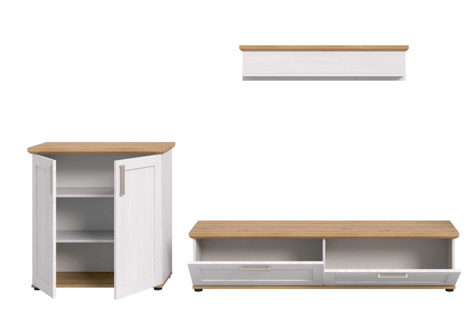 Wohnkombination mit weißem Korpus und Holzoberfläche, bestehend aus einem Schrank mit offenen Türen, einem TV-Board mit offenen Fächern und einer Wandregal, frontal betrachtet.