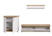 Wohnkombination mit weißem Korpus und Holzoberfläche, bestehend aus einem Schrank mit offenen Türen, einem TV-Board mit offenen Fächern und einer Wandregal, frontal betrachtet.