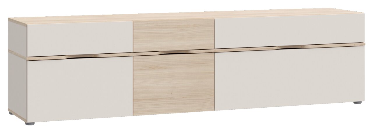 TV-Lowboard in Holzoptik mit weißem Finish, frontale Perspektive