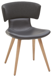 Moderner Stuhl mit schwarzem Sitz und Rückenlehne aus Stoff, auf hellen Holzbeinen. Frontalansicht.