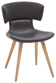 Moderner Stuhl mit schwarzem Sitz und Rückenlehne aus Stoff, auf hellen Holzbeinen. Frontalansicht.