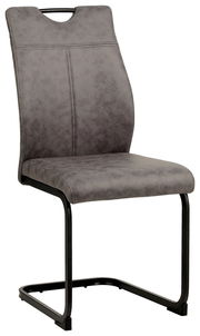 Grauer Schwingstuhl mit schwarzem Metallgestell, seitliche Perspektive