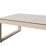 Moderner rechteckiger Tisch mit hellem Holzfurnier und beigem Metallrahmen, seitliche Perspektive