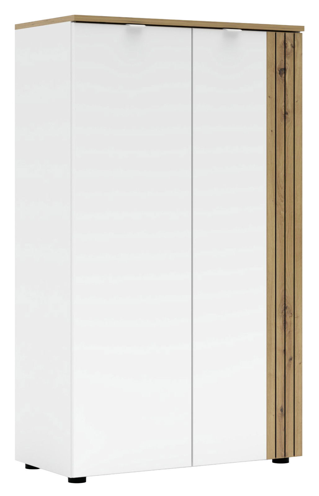 Moderner Büroschrank mit weißen Türen und Holzdetails, Frontalansicht