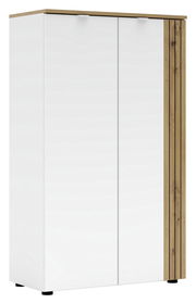 Moderner Büroschrank mit weißen Türen und Holzdetails, Frontalansicht