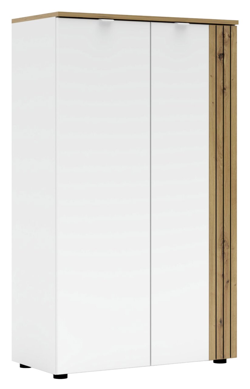 Moderner Büroschrank mit weißen Türen und Holzdetails, Frontalansicht