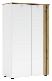 Moderner Büroschrank mit weißen Türen und Holzdetails, Frontalansicht