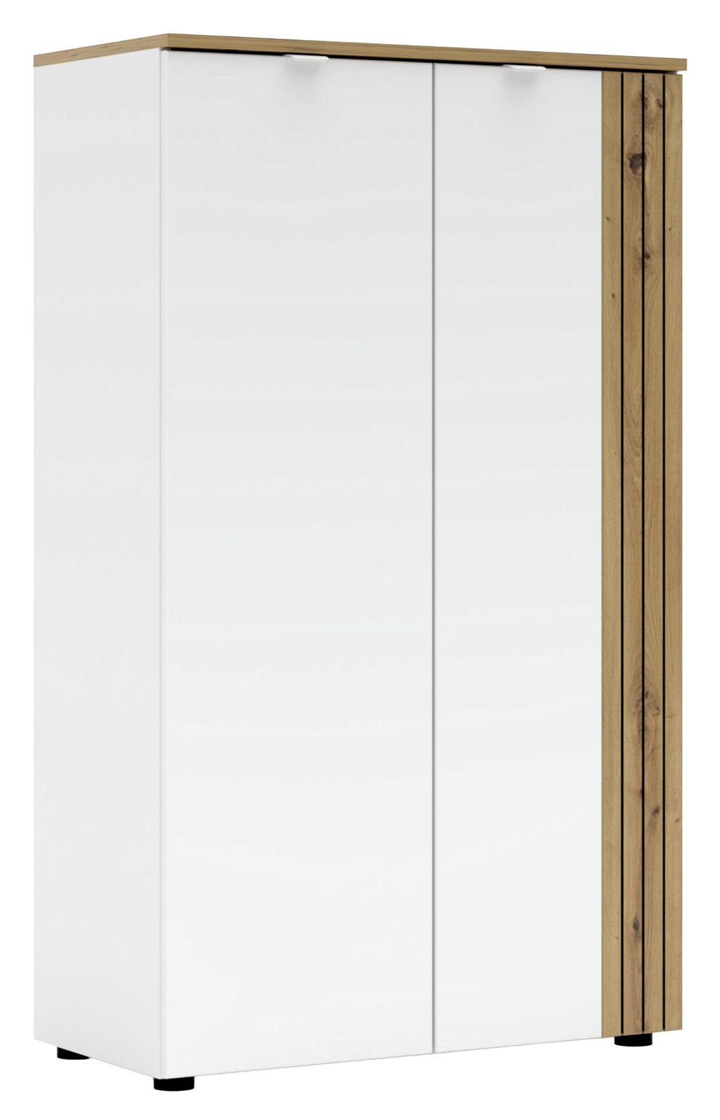 Moderner Büroschrank mit weißen Türen und Holzdetails, Frontalansicht