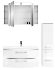 Moderne Badkombination in Weiß mit Spiegelschrank, Waschbeckenunterschrank und hohem Schrank, frontal abgebildet.