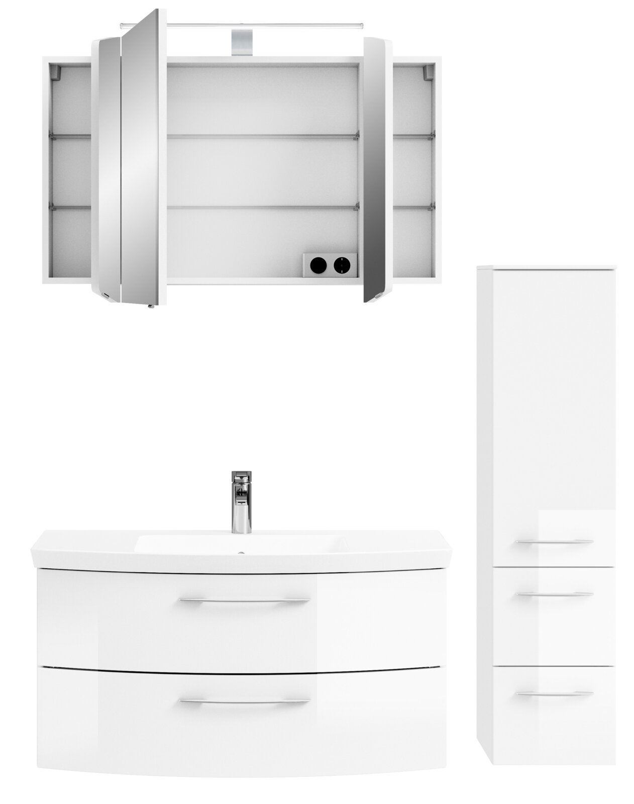 Moderne Badkombination in Weiß mit Spiegelschrank, Waschbeckenunterschrank und hohem Schrank, frontal abgebildet.