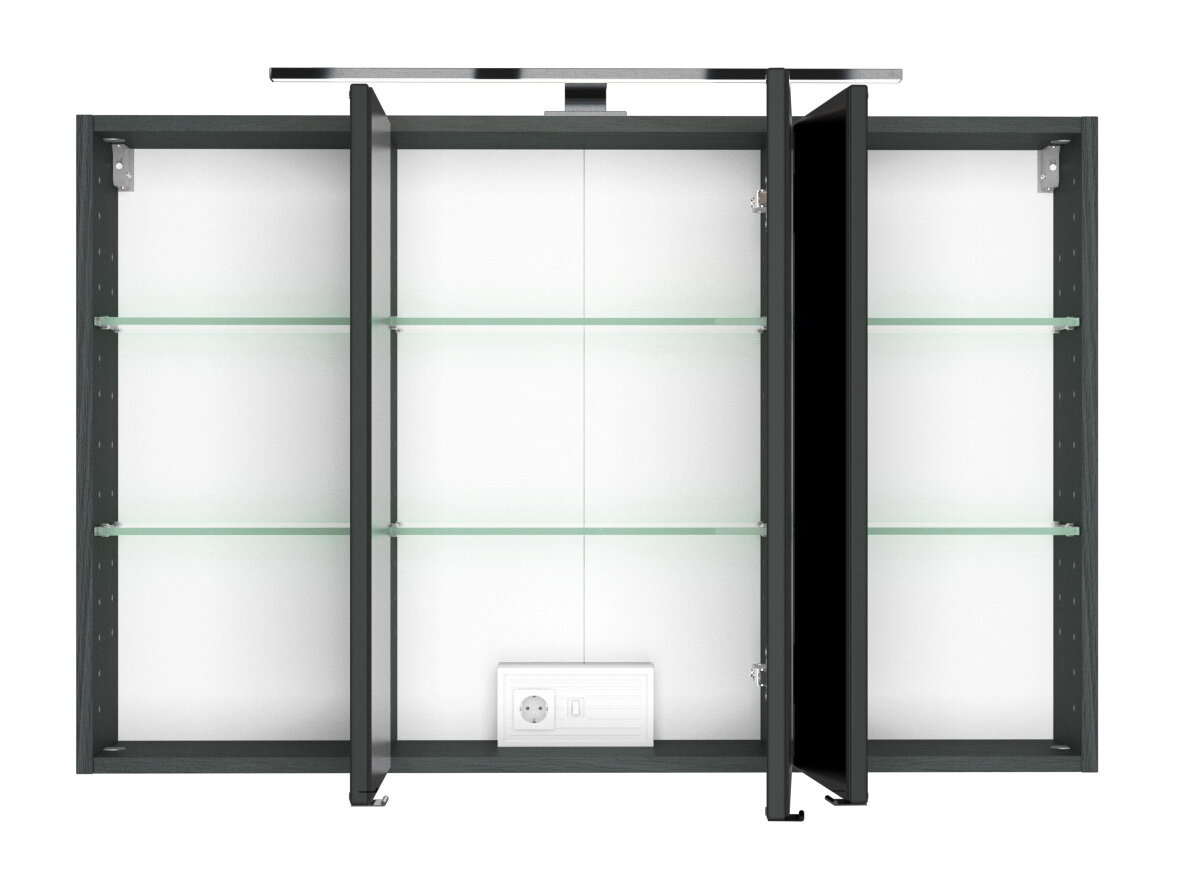 Offener Spiegelschrank mit drei Türen, Glasregalen und integrierter Steckdose, Frontalansicht.