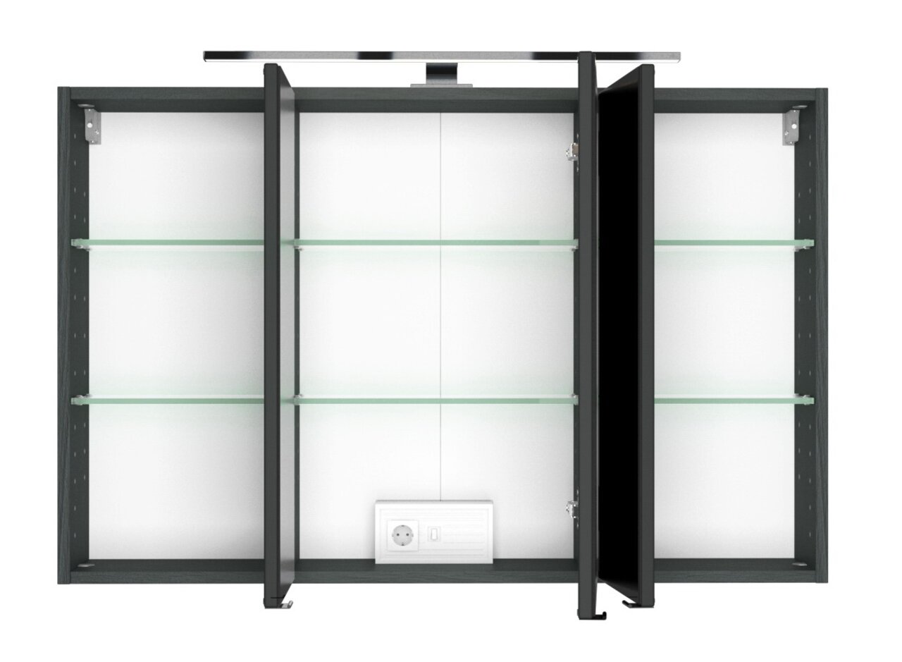 Open spiegelkast met drie deuren, glazen planken en een ingebouwd stopcontact, vooraanzicht.