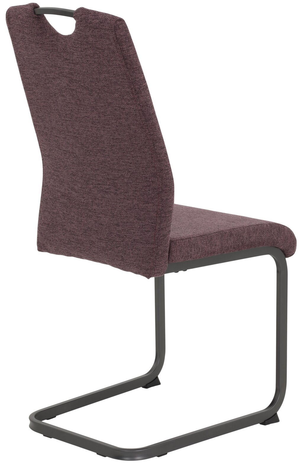 Achterkant van een moderne schommelstoel met donkerrode stoffen bekleding en een zwart metalen frame.