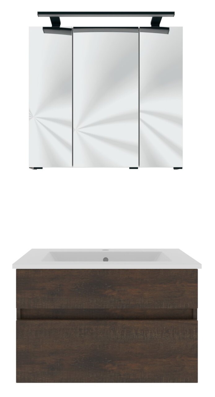 Vooraanzicht van een moderne badkamermeubelcombinatie met een spiegelkast met drie deuren en een wastafelonderkast in donkere houtlook.