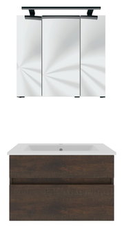 Vooraanzicht van een moderne badkamermeubelcombinatie met een spiegelkast met drie deuren en een wastafelonderkast in donkere houtlook.