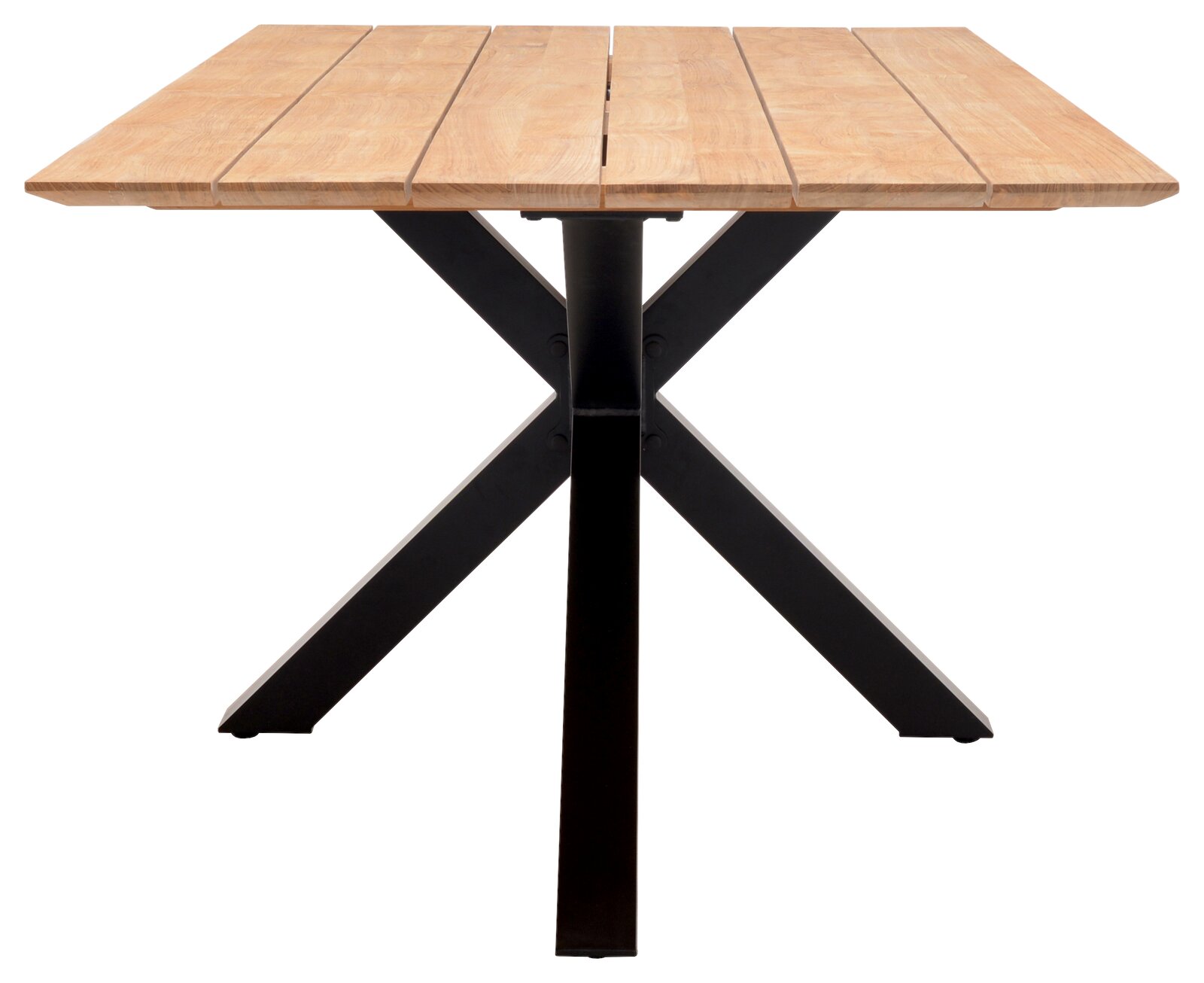 Rechteckiger Esstisch mit heller Holzplatte aus einzelnen Lamellen und schwarzem Metallgestell in X-Form, frontale Ansicht auf weißem Hintergrund